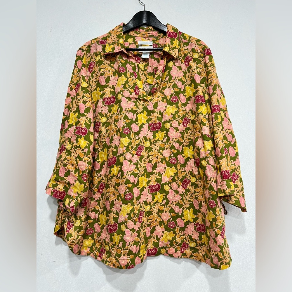 Cynthia Rowley 100% Linen Floral Button Down Women's Plus Size Blouse. Size 2XL